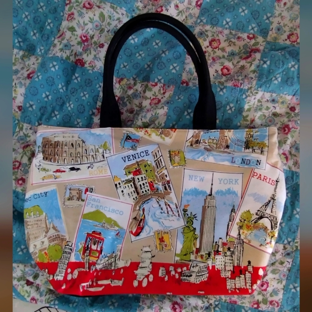 Talbots canvas travel postcard print tote bag